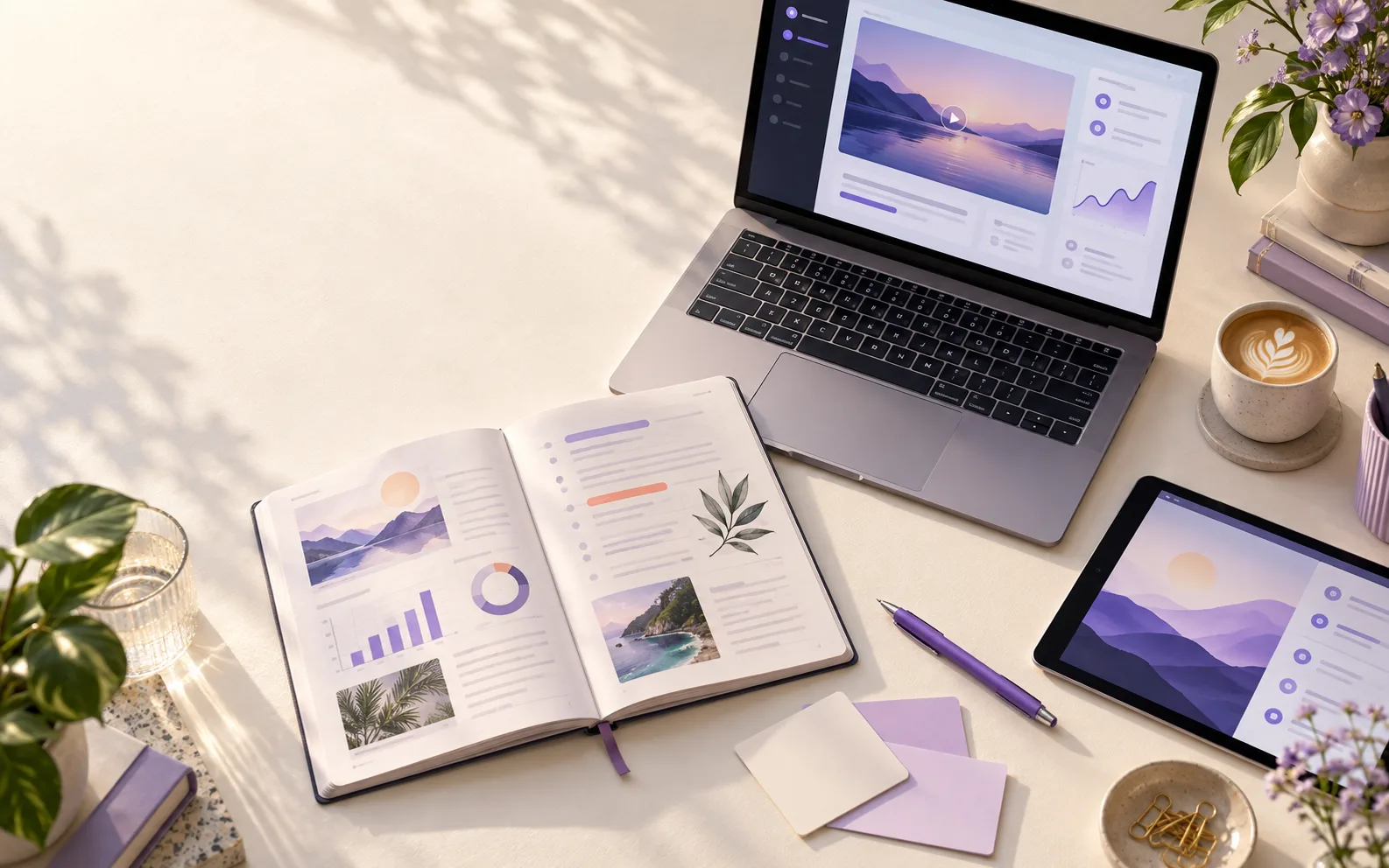 A warm learning desk with a laptop, workbook, tablet and planning tools